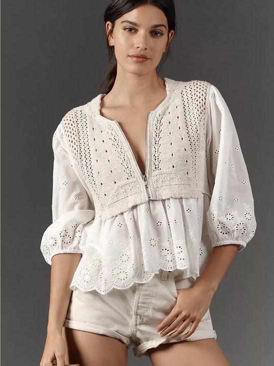Anthropologie Tops - Anthropologie Half-Zip Sweater Vest Eyelet Knit Blouse Size Small Cottage Core